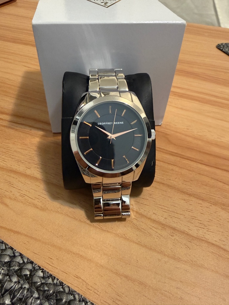Geoffrey Beene Silver Bracelet Watch With Black Dial And Rose Accents